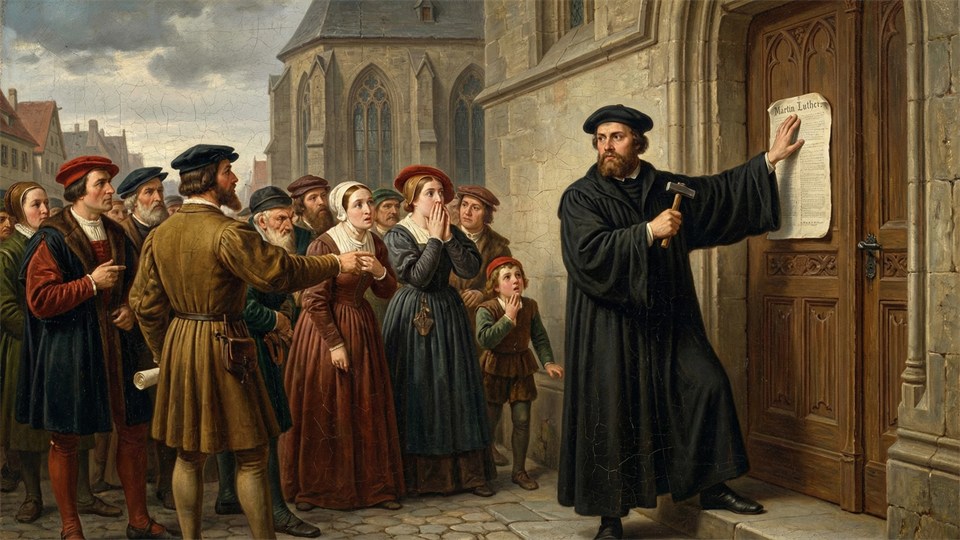 Martin Luther posting his theses on the church door in Wittenberg