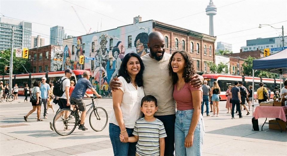 Kanadische Familie unterschiedlicher ethnischer Herkunft in einer städtischen Umgebung