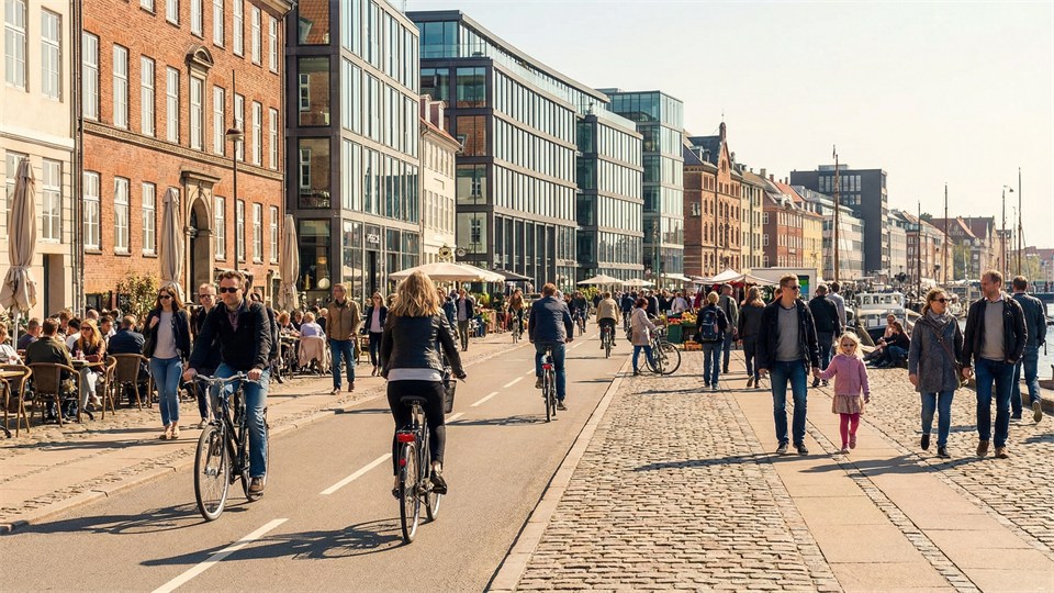 Nutidigt byliv i København med moderne og historisk arkitektur