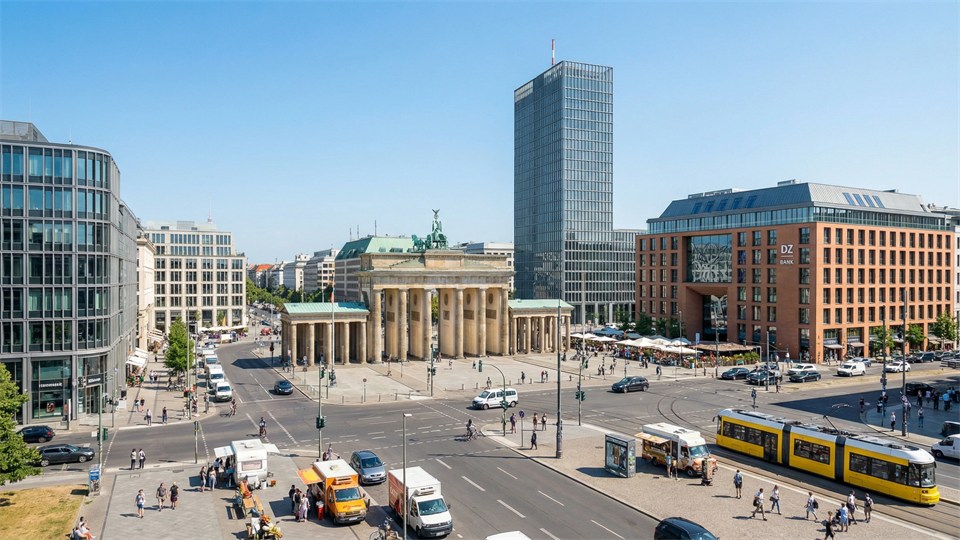 Modern Berlin with the Brandenburg Gate and city life