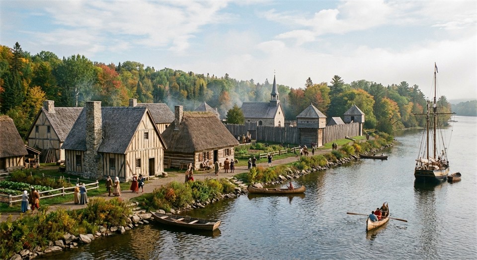 Neufranzösische Siedlung an einem Fluss mit Holzhäusern und Booten