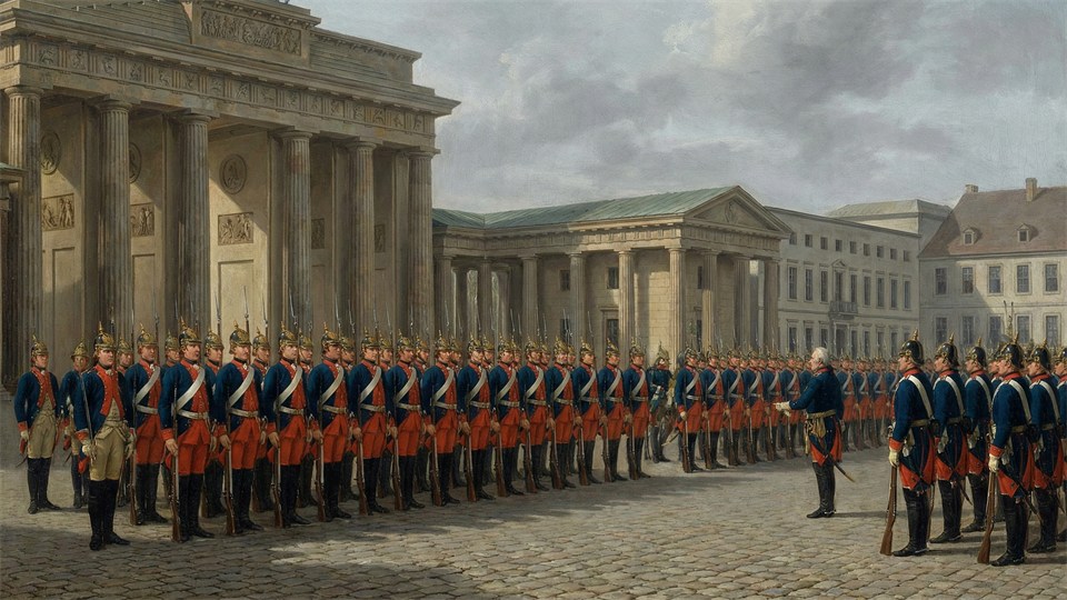 Prussian soldiers in parade uniforms from the 18th century