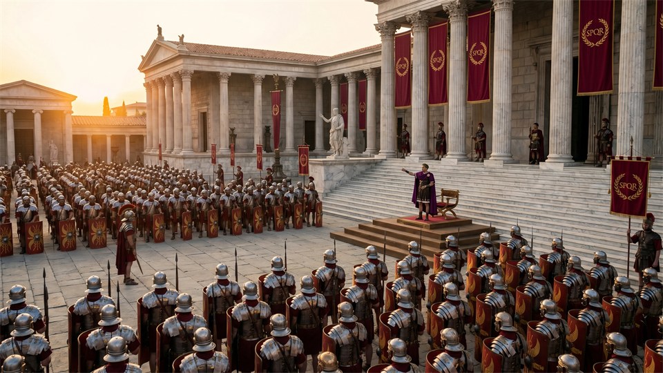 Roman legionaries in front of an imperial building