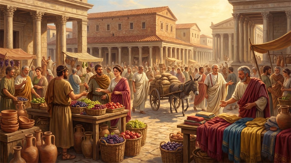 Lively Roman market with traders, citizens, and goods