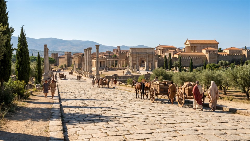 Roman road leading toward an ancient city with columns and forum