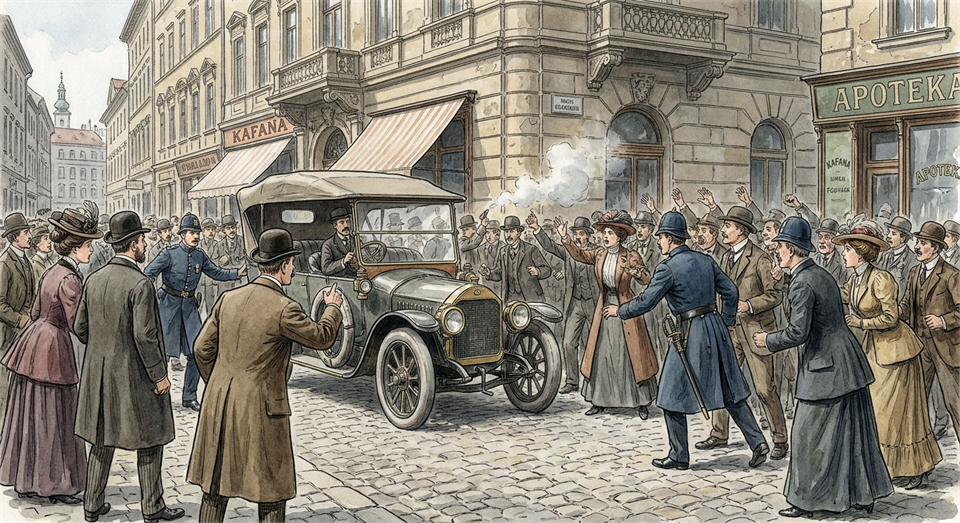 Illustration af attentatet i Sarajevo