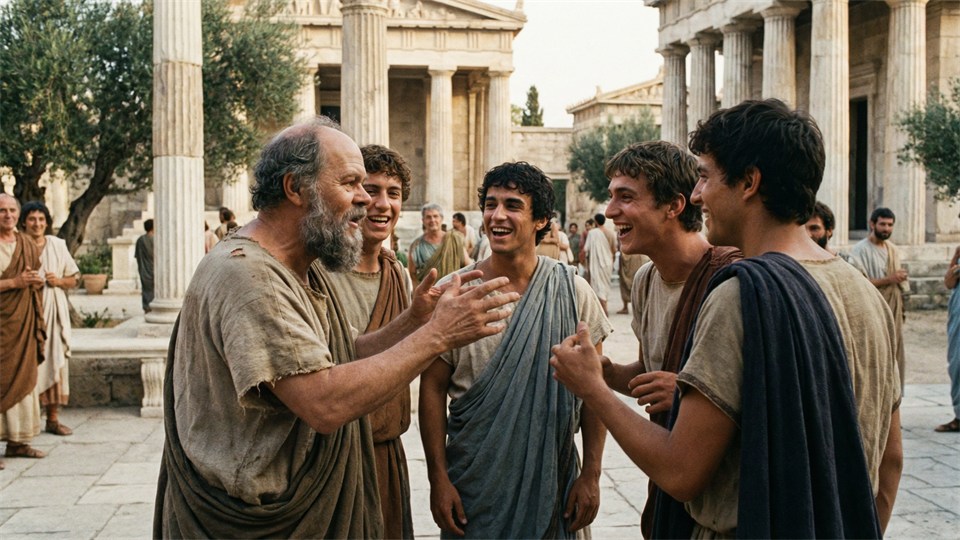 Socrate enseigne à de jeunes hommes par le dialogue