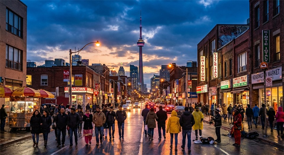 Torontos Skyline mit Menschen verschiedener Kulturen auf der Straße
