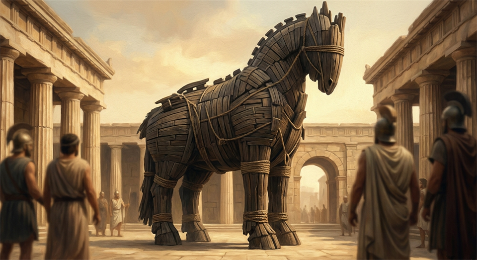 Kunstnerisk fremstilling af den trojanske hest i antik stil