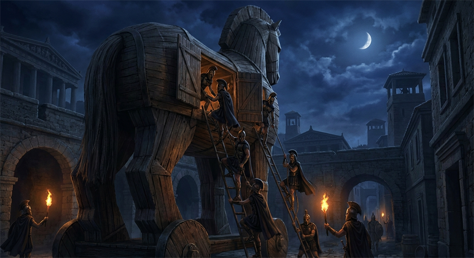 Græske krigere forlader den trojanske hest om natten