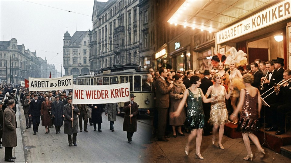 Scenes from the Weimar Republic era with demonstrations and nightlife