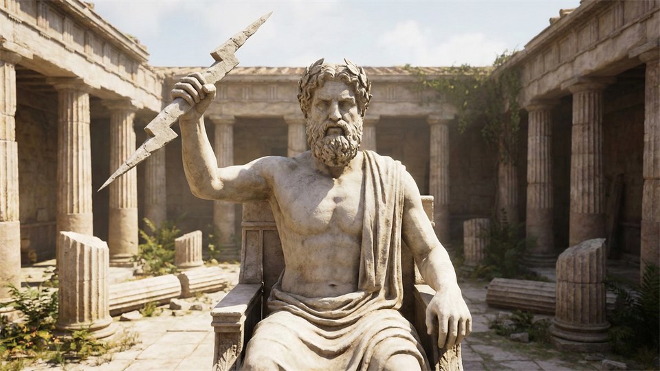 Statue von Zeus mit Blitz und Königskrone