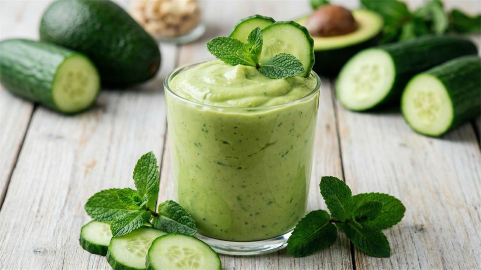 Grøn smoothie med avocado og agurk i glas, pyntet med mynte