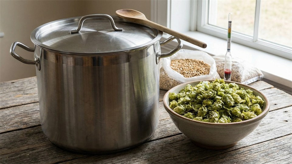 Humle tilsættes til kogende urt under ølbrygning