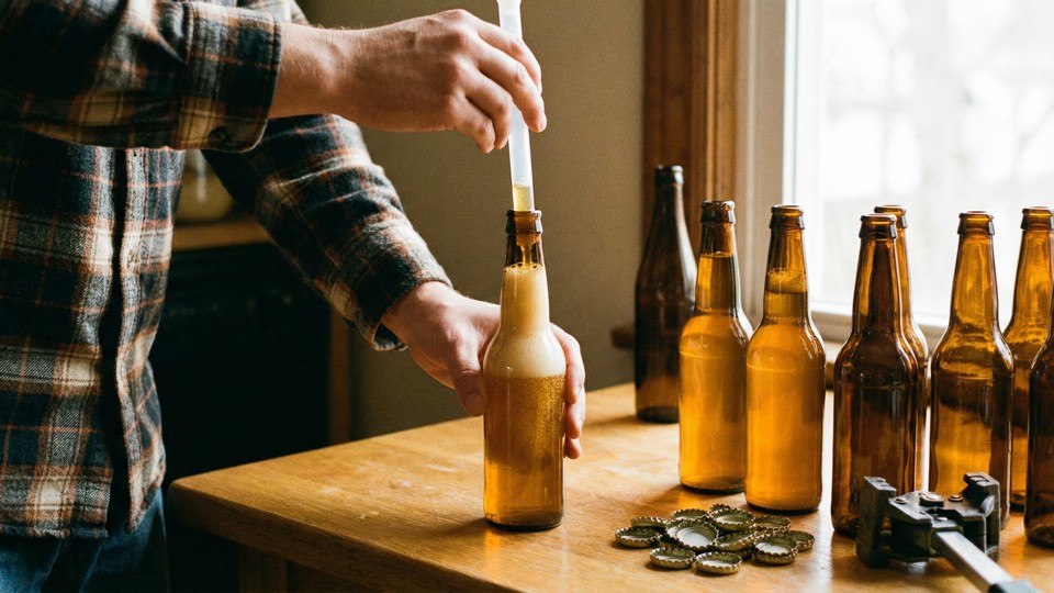 Hjemmebrygger tapper øl på flasker med flaskeudstyr