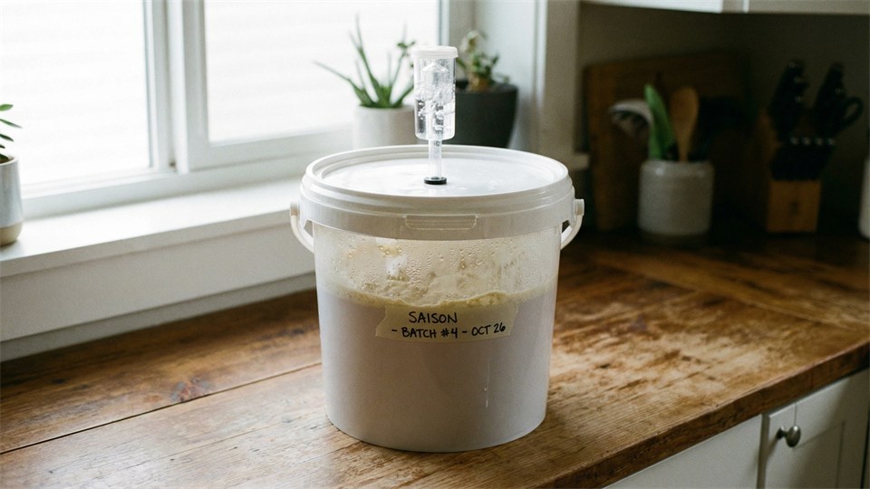 Gæringsspand med gærlås under ølbrygning