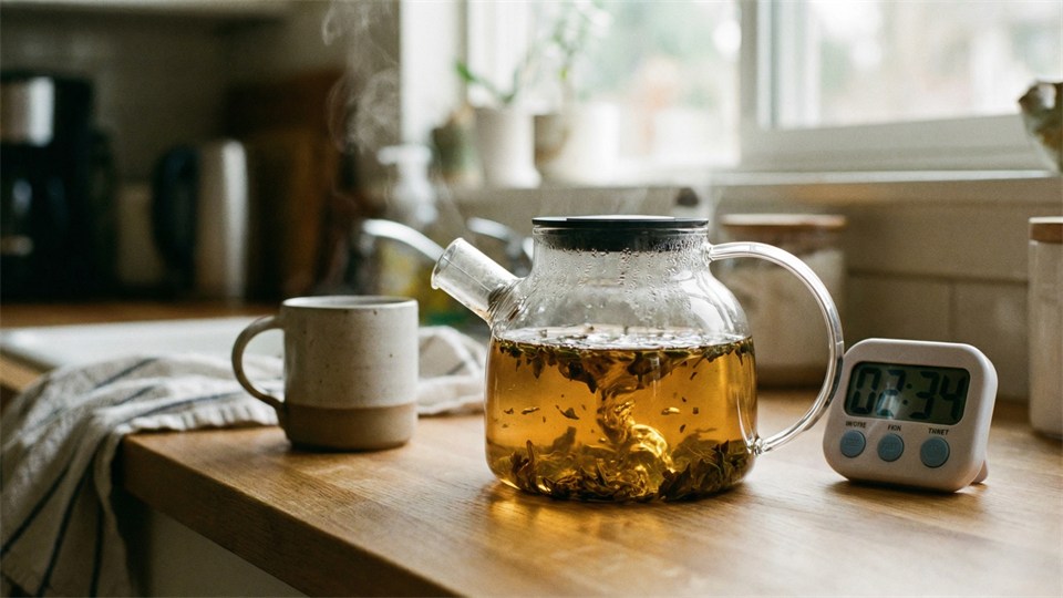 Le thé en vrac infuse dans une théière, et le minuteur décompte