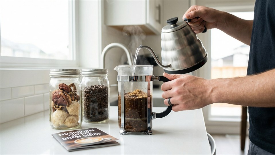 Brygning af svampekaffe i en stempelkande, omgivet af svampe og kaffebønner