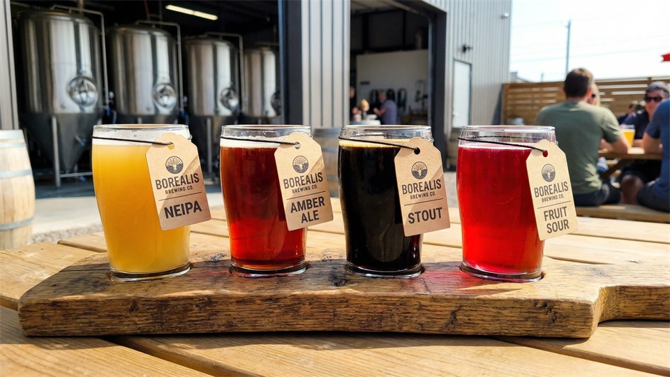 Verres de bière colorés présentant différents styles sur un plateau de dégustation en brasserie