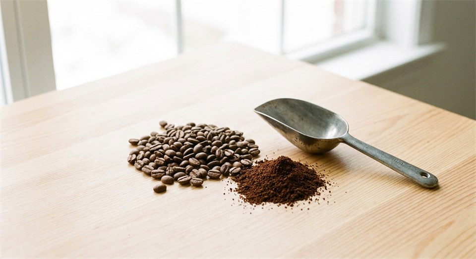 Granos de café, café molido y una cuchara medidora sobre una mesa clara