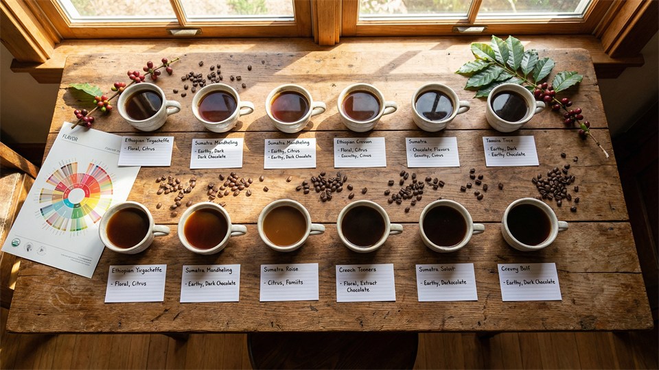 Smagning af forskellige kaffevarianter på bord