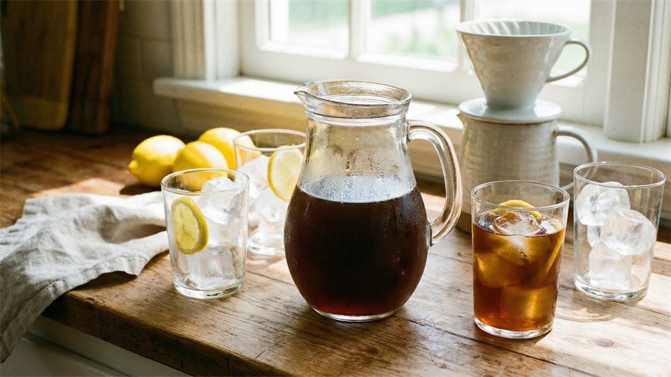 Koldbrygget kaffe og glas med is på bordet