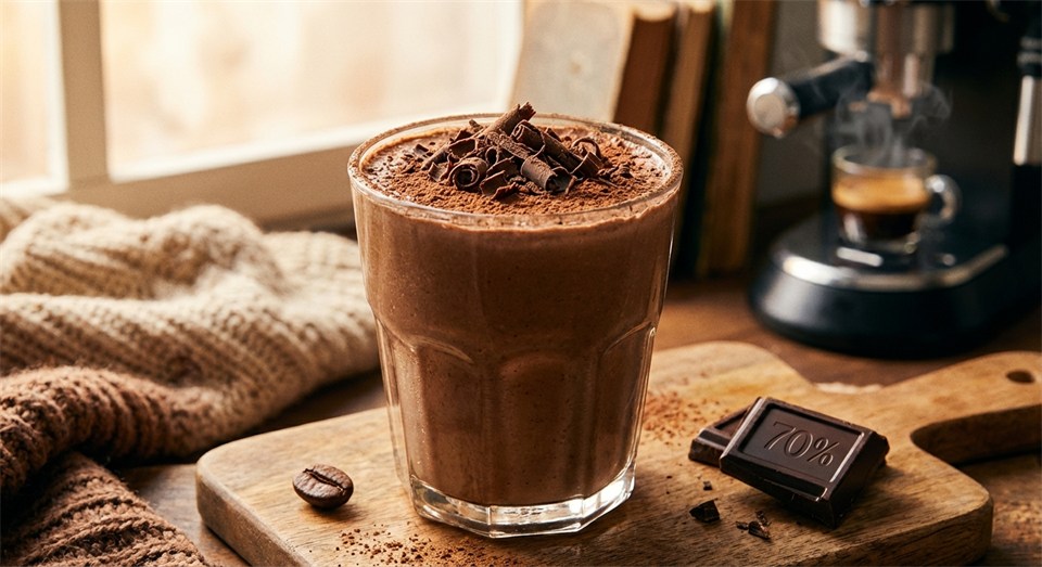 Dessertsmoothie med kakao og kaffe pyntet med revet chokolade.
