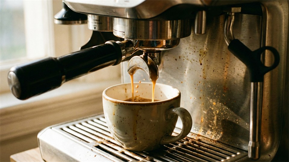 Espressomaskine der fylder et kop med kaffe