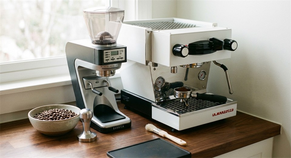 Molino de café, tamper y máquina de espresso en la encimera de la cocina