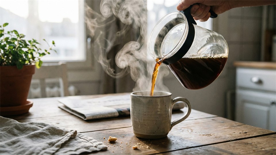 Hældende filterkaffe fra kande i kop
