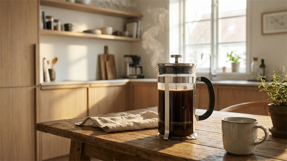 Cafetera de émbolo con café recién preparado en la mesa