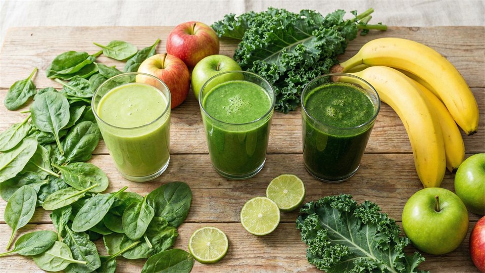 Tre grønne smoothies i glas med friske grøntsager og frugt omkring