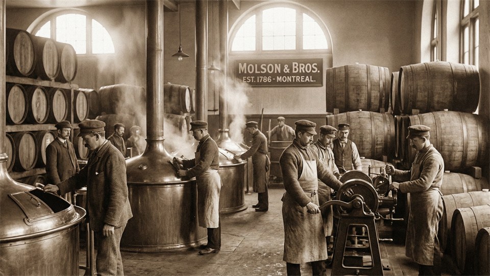 Ancienne brasserie au Canada avec des brasseurs en tenue de travail