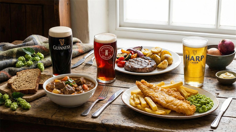 Irsk øl sammen med forskellige retter