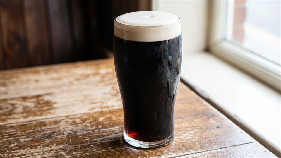 Et pintglas med irsk stout og cremet skum