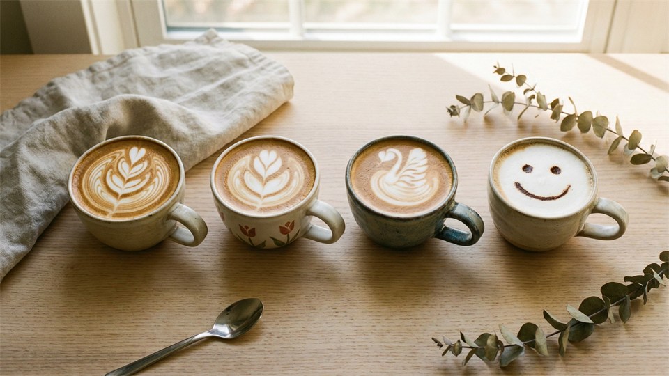 Two cups of coffee: one with rosetta, the other with tulip latte art