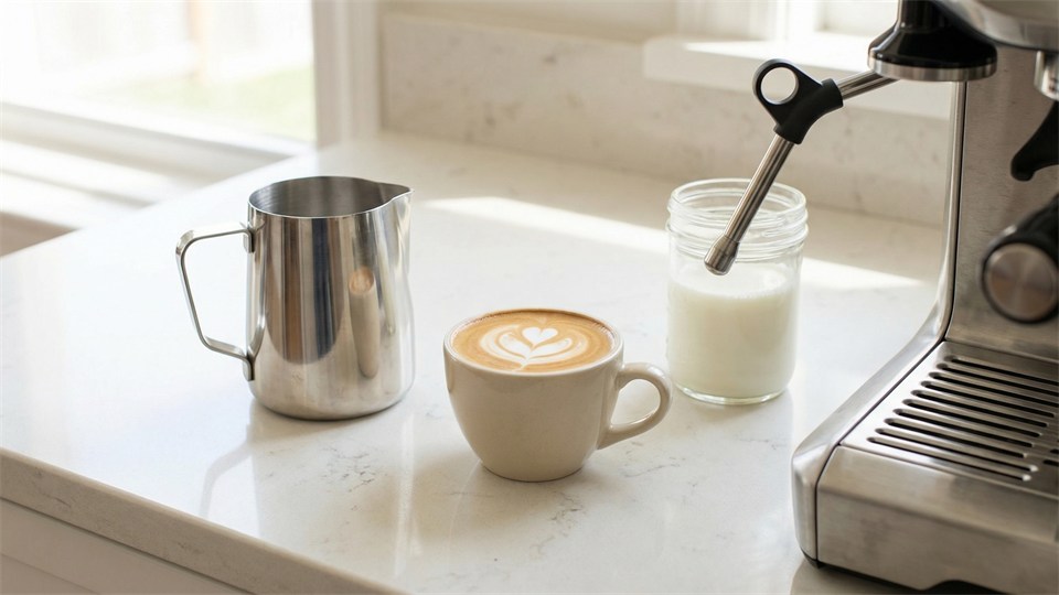 Various latte art tools: milk pitcher, espresso cup, steam wand