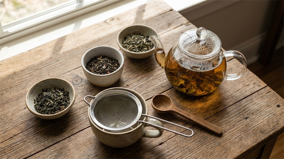 Équipement pour infuser du thé en vrac : feuilles de thé, passoire, théière et tasse