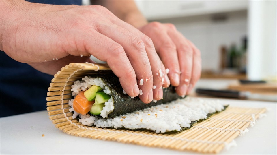 Person der ruller maki-sushi med bambusmåtte, ris og nori
