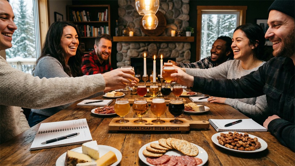Sélection de bières de différentes brasseries canadiennes sur une planche en bois