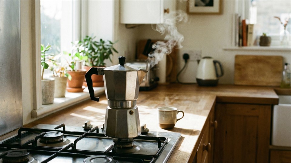 Eine Moka-Kanne, die Kaffee auf einem Gasherd brüht
