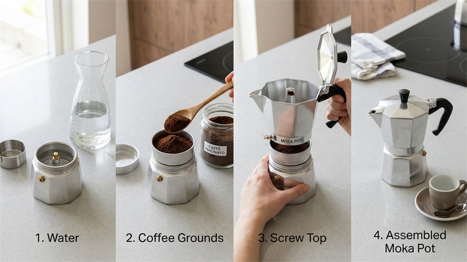 Schritt für Schritt: Befüllen mit Wasser, Kaffee und Zusammenbau der Moka-Kanne auf der Küchenarbeitsplatte