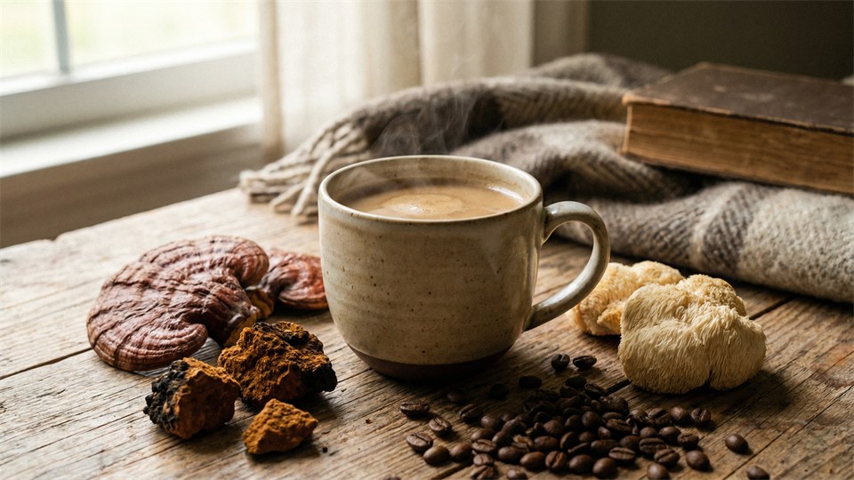En kop svampekaffe på et træbord, omgivet af tørrede svampe og kaffebønner