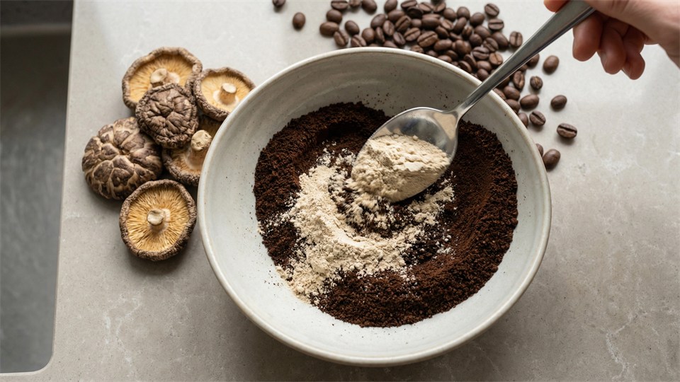 Svampepulver og kaffe blandes i en skål, med ske og tørrede svampe ved siden af