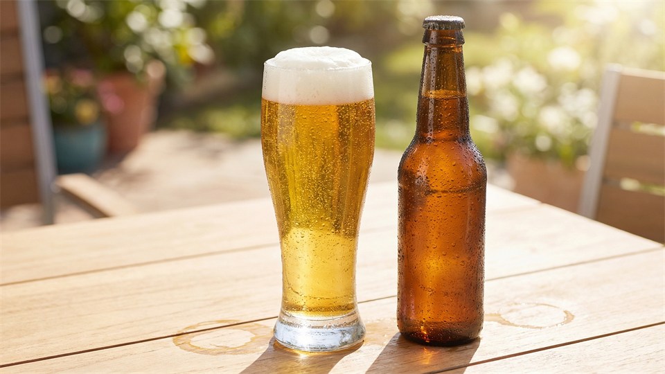 Et pilsnerglas og en flaske på bordet