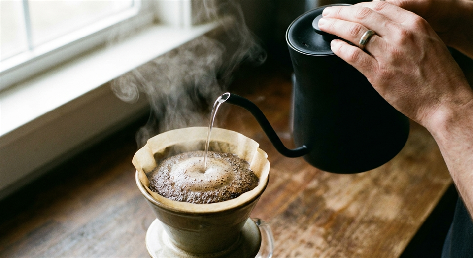Mano vertiendo agua sobre café en un filtro durante la fase de bloom