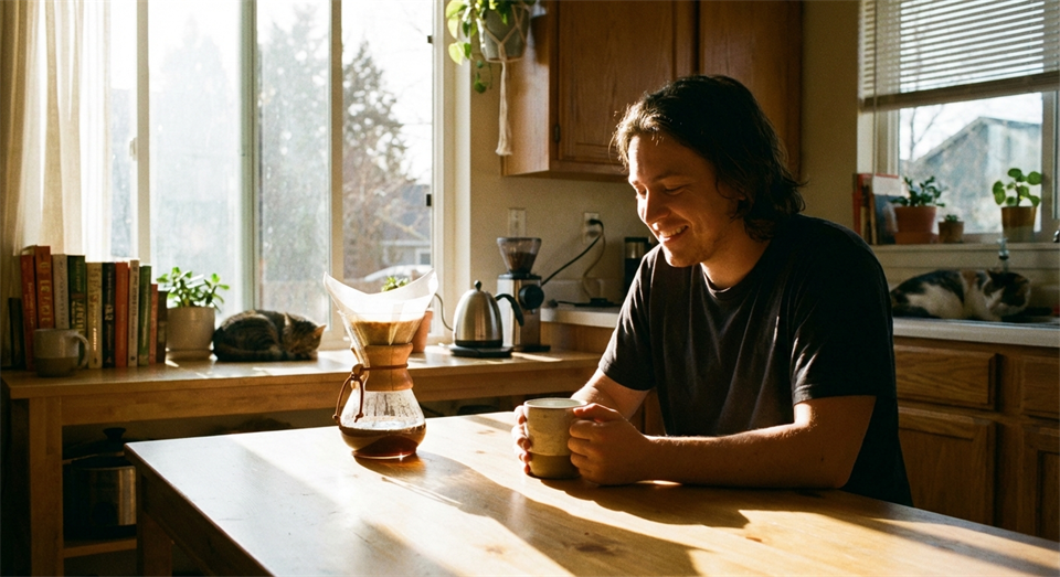 Una persona disfruta de una taza de café pour-over en una mesa de cocina luminosa
