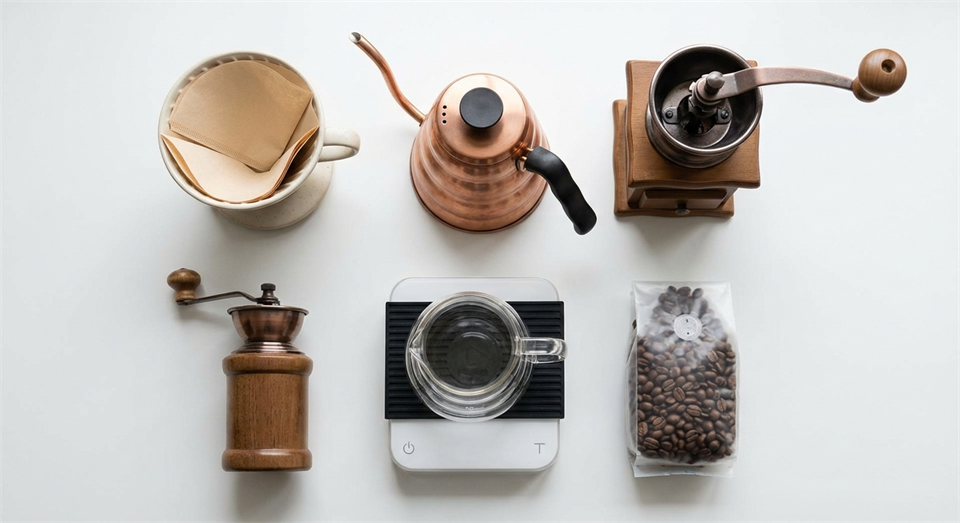 Diferentes equipos para pour-over: portafiltros, filtro, hervidor, molino y balanza