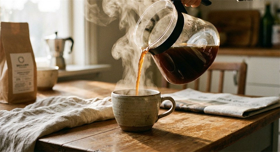 Café recién hecho servido en una sencilla taza de cerámica sobre la mesa de la cocina