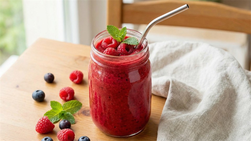 Tre glas røde smoothies med sugerør og friske bær